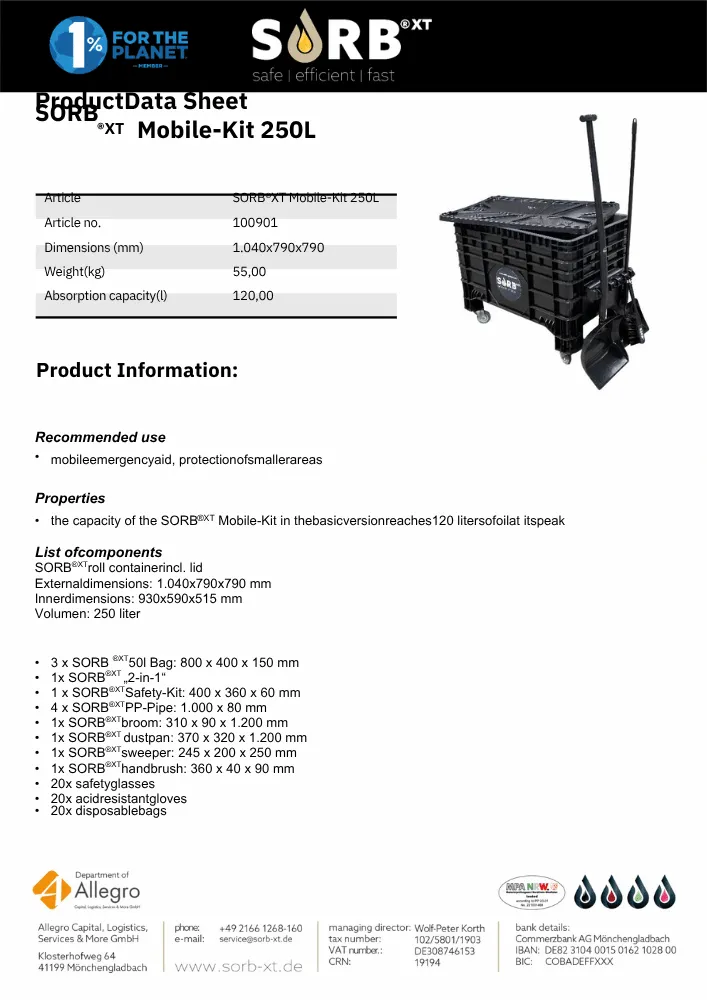 SORB® 移動式緊急洩漏應變作業車,250L容量_產品資料表
